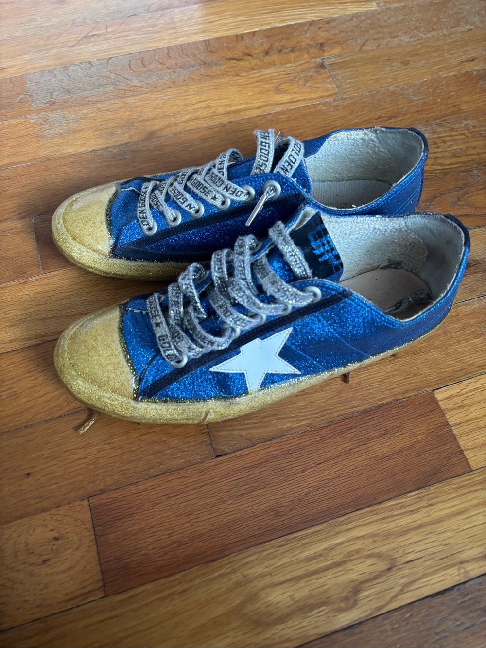 Golden Goose Blue Glitter Sneakers with Gold Toe and White Star